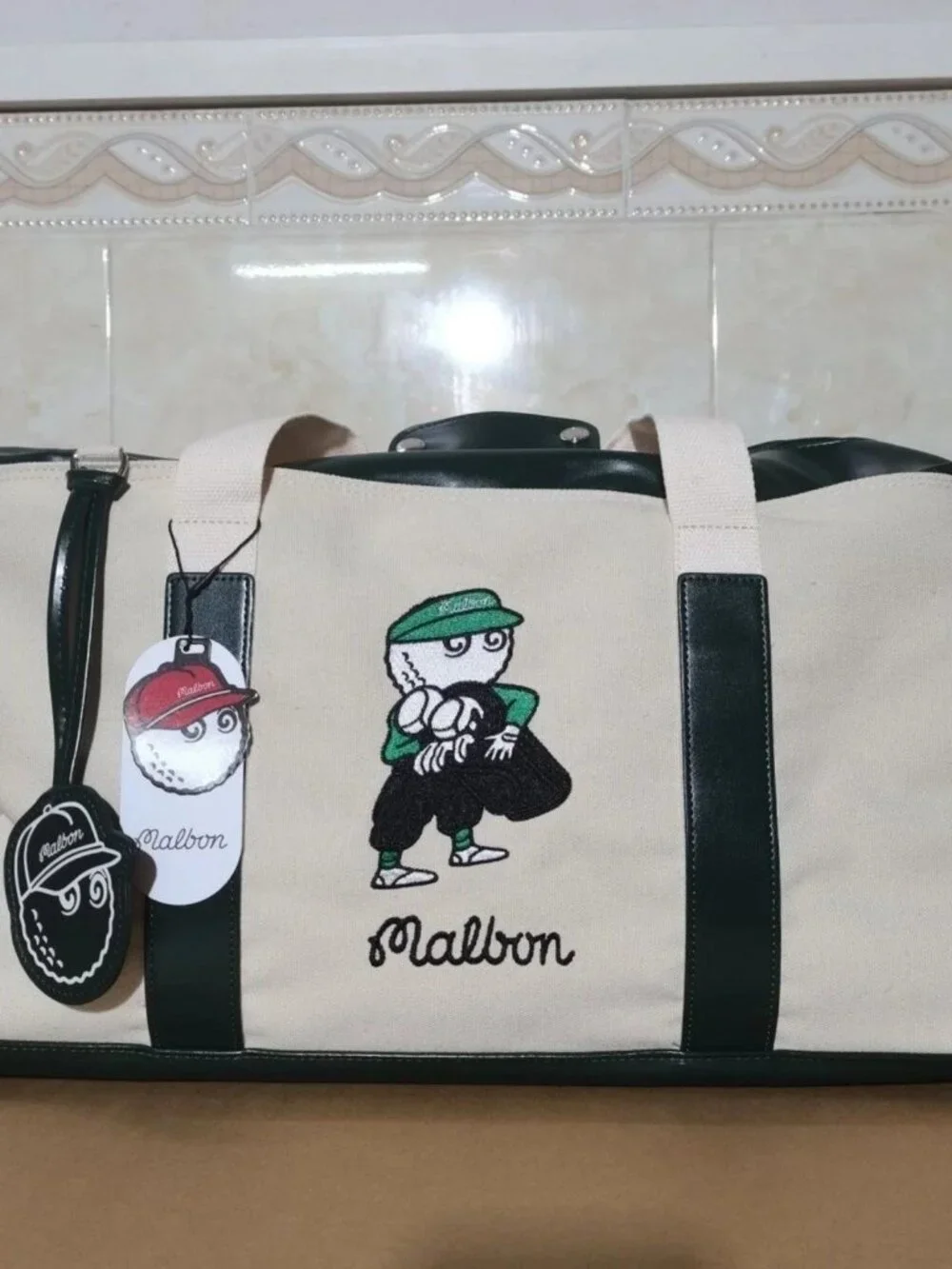 Malbon Golf Green White Travel Duffle Bag Weekender Carry Pre-owned